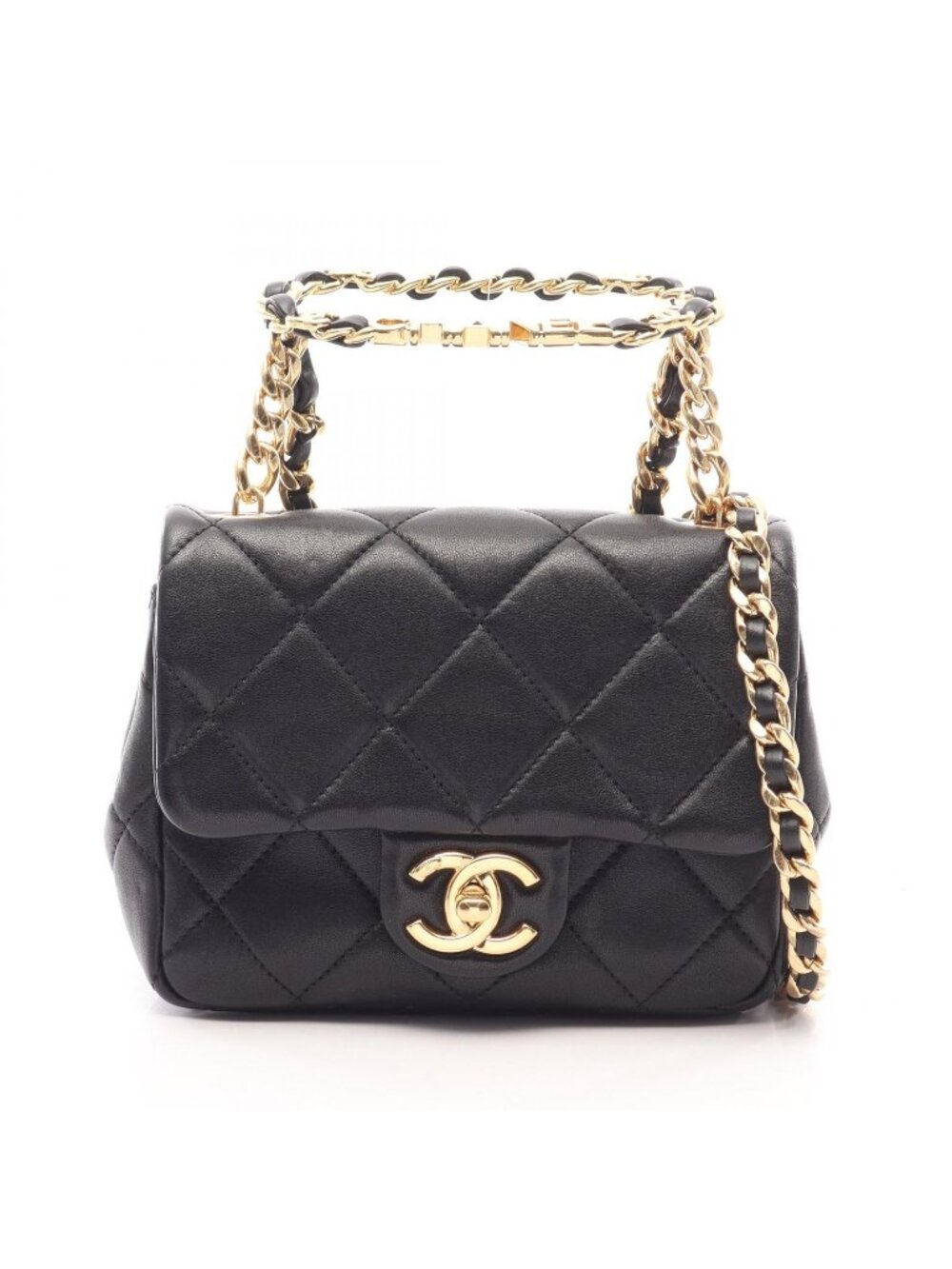 Chanel Shoulder Bag Mini Quilted Top Handle 2-Way Black Lambskin Loop Small